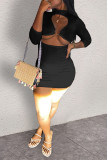 Black Fashion Sexy Solid Hollowed Out Turtleneck Short Dresses