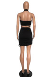 Black Sexy Solid Hollowed Out Backless Fold Strap Design Halter Sleeveless Two Pieces