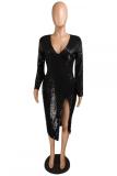 Gold Polyester adult Sexy Fashion Cap Sleeve Long Sleeves V Neck A-Line Mid-Calf Sequin Solid Patchwork