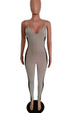 Grey Fashion street Patchwork Mesh Solid Cotton Sleeveless V Neck Jumpsuits
