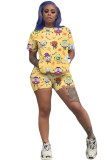 Yellow Fashion Casual adult Patchwork Print Character Two Piece Suits pencil Short Sleeve Two Pieces