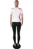 White Polyester O Neck Short Sleeve Print Patchwork Tees & T-shirts