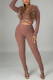 Brown Fashion Sexy Solid Patchwork Strap Design V Neck Long Sleeve Two Pieces