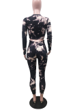 Black Casual Print Tie-dye O Neck Long Sleeve Two Pieces