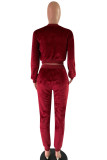 Maroon Casual Two Piece Suits Patchwork pencil Long Sleeve Two-piece Pants Set