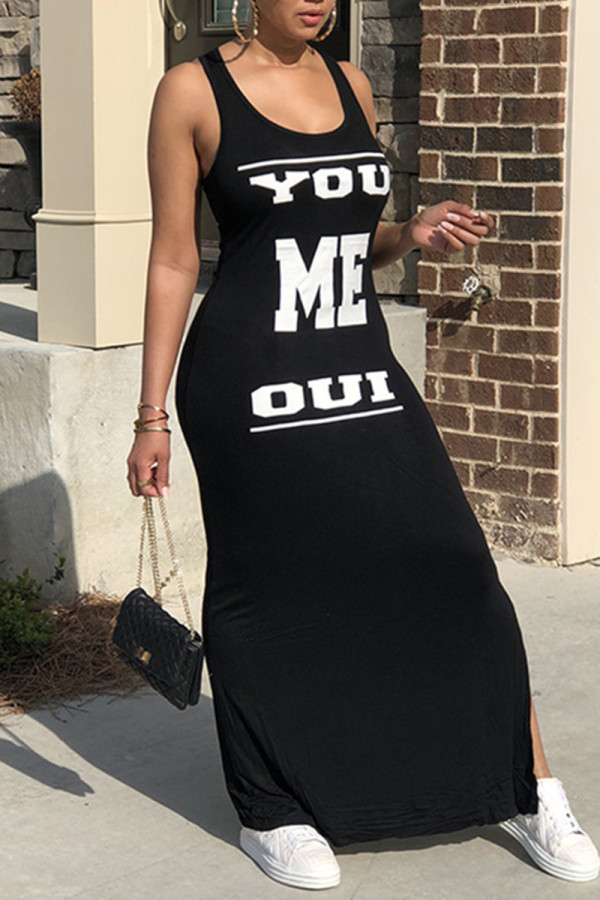 Black Fashion Sexy Letter Print Slit U Neck Vest Dress