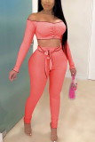 rose red Sexy Polyester Solid Split Joint Bateau Neck Long Sleeve Short Two Pieces