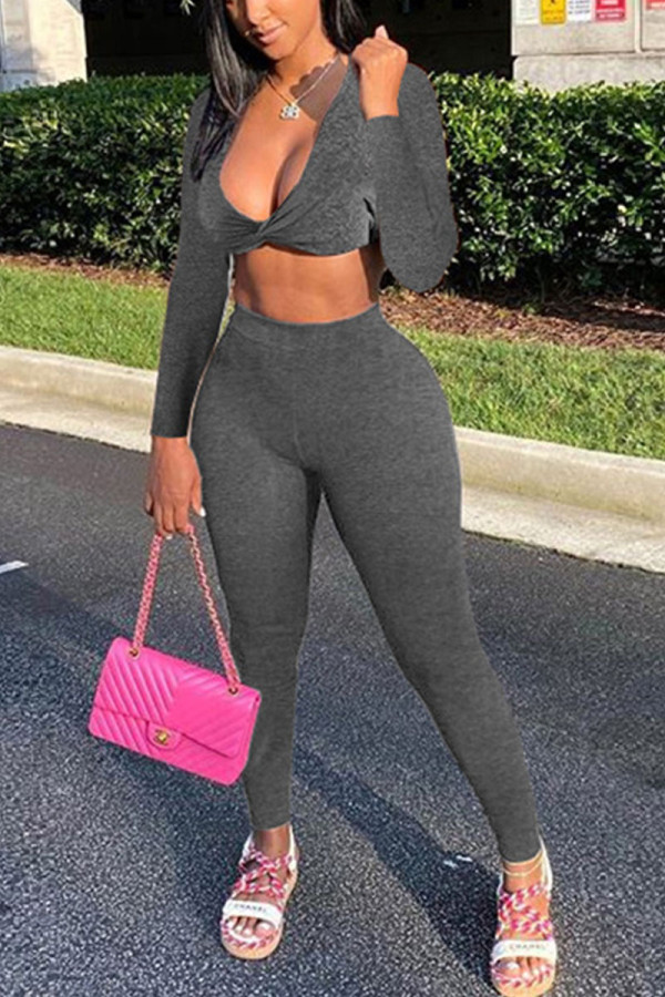 Grey Casual Solid Split Joint V Neck Long Sleeve Two Pieces
