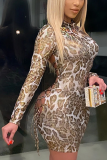 Khaki Sexy Leopard Draw String Half A Turtleneck Wrapped Skirt Dresses