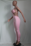 Pink Sexy Solid Hollowed Out Halter Skinny Jumpsuits