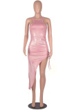 Pink Sexy Solid Patchwork O Neck Irregular Dress Dresses