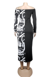 Red Casual Print Patchwork Bateau Neck Wrapped Skirt Dresses