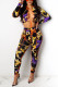 Purple Sexy Print Bandage Hollowed Out O Neck Long Sleeve Two Pieces