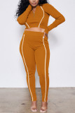 Apricot Casual Sportswear Polyester Fiber Patchwork Solid Split Joint Pants Zipper Collar Long Sleeve Regular Sleeve Short Two Pieces
