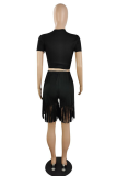 Black Casual Solid Tassel O Neck Short Sleeve Two Pieces