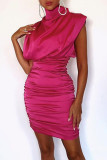 Rose Red Sexy Solid Fold Turtleneck Wrapped Skirt Dresses