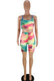 multicolor Milk Silk Fashion Sexy adult Ma'am Patchwork Tie Dye Two Piece Suits pencil Sleeveless Two Pieces