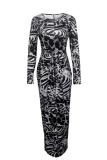 Yellow Sexy adult Fashion Cap Sleeve Long Sleeves O neck Pencil Dress Floor-Length Print Patchwor