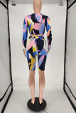 Multicolor Living Geometric Print O Neck Long Sleeve Two Pieces