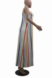 Rainbow Color Fashion Casual Striped Print Backless Spaghetti Strap Sleeveless Dress