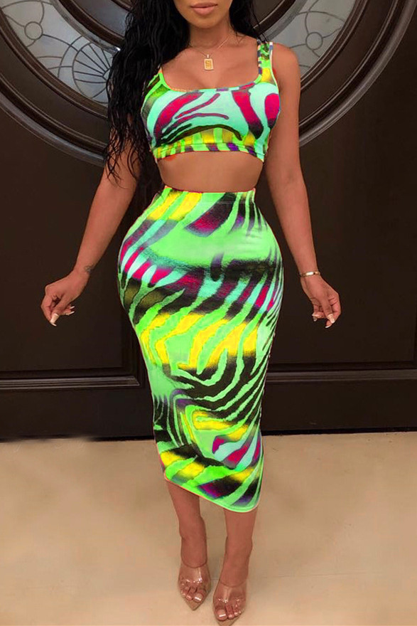 Green Sexy Casual Print Basic U Neck Sleeveless Two Pieces