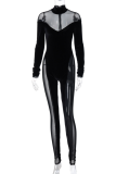 Black Sexy Patchwork Mesh O Neck Skinny Jumpsuits