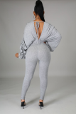 Grey Casual Solid Patchwork V Neck Skinny Jumpsuits