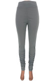 Grey Elastic Fly Mid Solid Straight Pants Bottoms