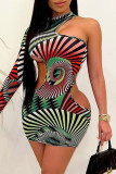 Red Fashion Sexy Print Hollowed Out One Shoulder Long Sleeve Dresses