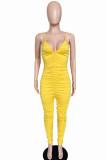 Yellow Fashion Light Solid Draped Polyester Sleeveless V Neck Jumpsuits