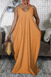 Yellow Sexy Casual Solid Basic V Neck Loose Sling Dresses