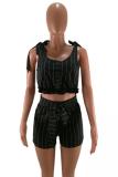 Black Polyester Sexy Fashion Striped Print Patchwork Loose Two-Piece Short Set