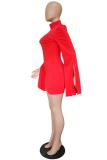 Red Polyester Fashion Sexy adult Bell sleeve Long Sleeves Turtleneck Step Skirt Mini split Patchwork Sol