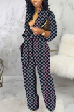 Dark Blue Sexy Print Patch V Neck Loose Jumpsuits