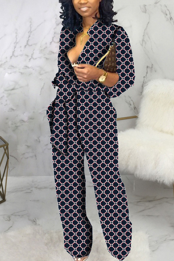 Dark Blue Sexy Print Patch V Neck Loose Jumpsuits