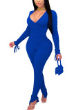 Blue Fashion Street Adult Solid Slit Fold V Neck Skinny Jumpsuits