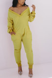 Yellow Sexy Casual Polyester Spandex Cotton Blends Solid V Neck Loose Jumpsuits