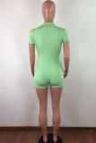 Green Fashion Casual bandage Button Solid Polyester Short Sleeve Turndown Collar Jumpsuits