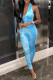 Light Blue Sexy Print Backless Strap Design Halter Skinny Jumpsuits