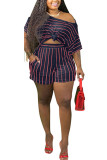 Red Polyester Fashion adult Ma'am OL Striped Two Piece Suits Straight Short Sleeve Two Pieces
