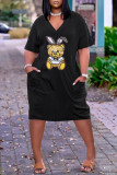 Yellow Fashion Casual Character Basic V Neck Loose Dress