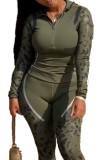 Army Green Casual Polyester Print O Neck Plus Size