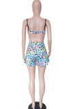Light Blue Milk Silk Sexy backless Print Two Piece Suits Patchwork Loose Sleeveless Two-Piece Short Set