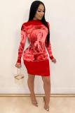 Black Sexy Fashion adult Cap Sleeve Long Sleeves O neck Step Skirt Knee-Length Patchwork Print