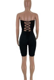 Black Sexy Fashion Print Patchwork bandage Backless Polyester Sleeveless Wrapped Rompers