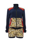 Lake Blue Polyester Fashion adult Casual Leopard Print Two Piece Suits Patchwork pencil Long Sleeve