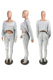 Grey Casual Solid Draw String Fold O Neck Long Sleeve Two Pieces