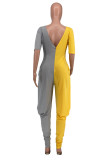 Yellow Fashion Casual Patchwork Backless O Neck Regular Jumpsuits