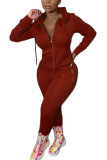 Wine Red Polyester Fashion adult Ma'am Street Solid Two Piece Suits pencil Long Sleeve Two Pieces