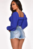 White V Neck Long Sleeve Patchwork crop top Solid